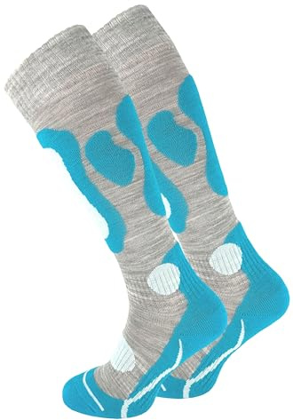 Cotton Prime Calze da sci per uomo e donna – Calde calze da sci, calze termiche invernali con imbottitura, calze al ginocchio, calze da sci per inverno, snowboard, 2 paia turchese/grigio, 35-38