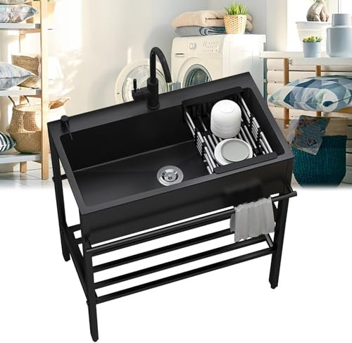 Spülbecken Edelstahl 60x45x86cm Freistehende Spültisch 1 Becken Edelstahlspüle Gewerbliche Ausgussbecken Spülenschrank mit Spüle Armatur Ablassvorrichtung Mobiles Waschtisch für Outdoor Innen Küche