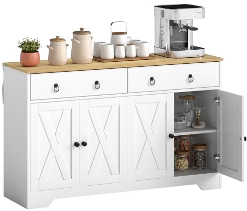 HOMCOM Buffet Meuble de Rangement Armoire de Cuisine Style Rural 2 tiroirs et 2 placards avec étagères à hauteurs réglables - dim. 121L x 37l x 75H cm Blanc