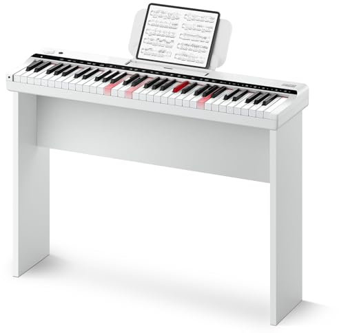 Donner DK-10S Light up Piano Keyboard für Anfänger, tragbares elektrisches Klavier mit 61 Tasten, 5 Stunden Akkulaufzeit, kabellose Verbindung, 500 Töne, Bundle mit Holzständer, POP APP, weiß