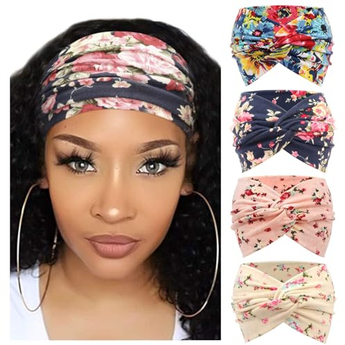 DRESHOW 4 Paket Turbanpannband för Kvinnor Breda Vintagepannband Med Knutar Söta Hårband Tillbehör