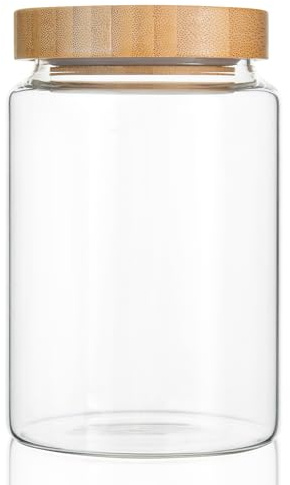 INCETUE 900 ml Storage Canister with Bamboo Lid, Clear Glass Jar-Medium | 30 fl oz capacity, airtight lid, decorative kitchen food canister for coffee pods, beans, sugar, salad, cereal, candy