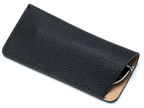 fesoklaf Brillenetui aus echtem Leder, Sonnenbrillen, Brillenbeutel, Lesebrille, Schutztasche für Jungen, Mädchen, Damen, Herren, Schwarz , 7 ×3.7×0.39 inch (18×9×1 cm)