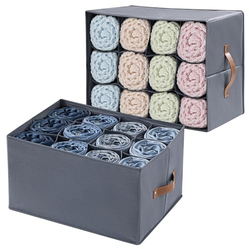 AINIYNM 2 Stück Schrank Organizer Ordnungssystem Kleiderschrank, Schublade Kleider Aufbewahrungsbox, Organizer Kleidung Stapelbar, Hosen Organizer für Kleiderschrank mit Griff, 12 Fächern