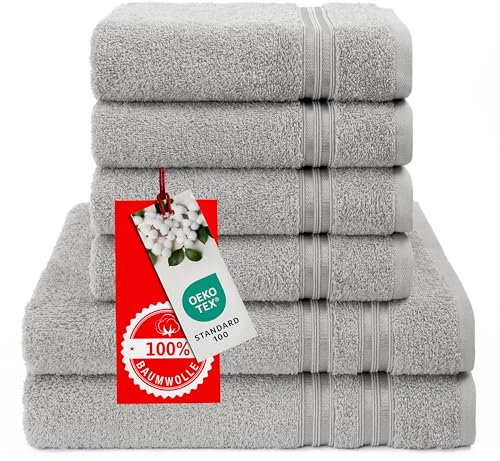 Hammetex 6 teiliges Handtuch Set, 100% Baumwolle Weich Saugstark Qualität Handtücher Set, 2 Badetücher 70x140 cm, 4 Handtücher 50x100 cm, Hellgrau