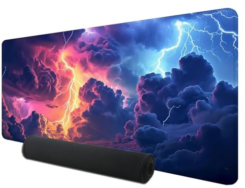 Mauspad, XXL Speed Gaming Mauspad 700 x 300 x 3 mm, Blitz Mauspad Groß mit Genähten Kanten, Verlängertes Mouse Pad Wolke, Schreibtischunterlage, Rutschfeste Gummi Mauspad, Mauspad XXL Gaming, K-7