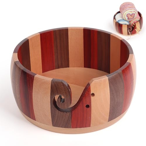 Coopay Super Groß Garnschale zum Häkeln, 21 X 21 X 10 cm Farbenfroh Strickschale zum Strick- und Häkelprojekte, Handgefertigte Groß Wollschüssel mit Löchern für Wolle, Wooden Yarn Bowl