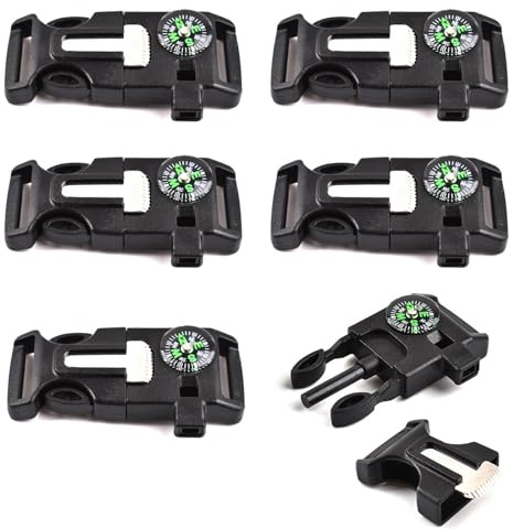 Buaak Lot de 6 bracelets de survie avec boussole, grattoir à silex, sifflet, mini scie, boucle, pour bracelet de survie, paracorde, bracelet d'urgence, pour camping, voyage en plein air, survie
