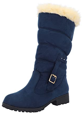 Bottes d'hiver pour femme - Doublées - Imperméables et chaudes - En daim - Élégantes - Avec boucles - Antidérapantes - Confortables - Avec talon - Noir, bleu, 43