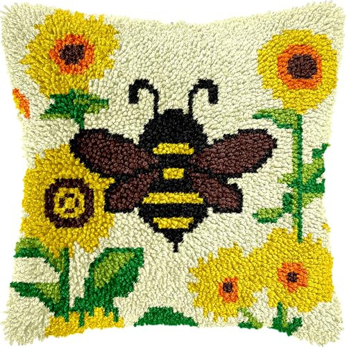veirousa Bee Sunflower Latch Hook Kits for Adults Beginners, Pre-Printed Animal Latch Hook Pillow Kit, Craft Rug Making Kits, DIY Embroidery Cushion for Home Sofa Decor & Gift Idea 17x17 in.