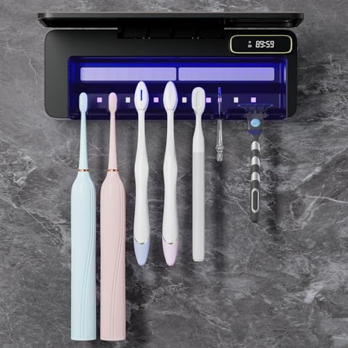 UV-Tandborsthållare med 5 Borsthållare, Sterilisator och Torkningsfunktion - Väggmontering, Timer, 2 000 mAh (Svart)