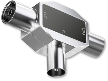 TECHZOCO Distribuidor de TV, Distribuidor de antena, divisor TV, Adaptador antena en T, Divisor Coaxial en T, Adaptador doble coaxial, 5-1000 MHz, DVB-T2, Metálico, 2 salidas Hembra a 1 Entrada Macho