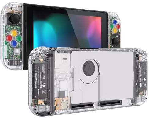 eXtremeRate DIY Replacement Shell Buttons for Nintendo Switch, Crystal Clear Custom Back Plate for Switch Console, Housing Case with Colorful Buttons for Joycon Handheld - No Controller