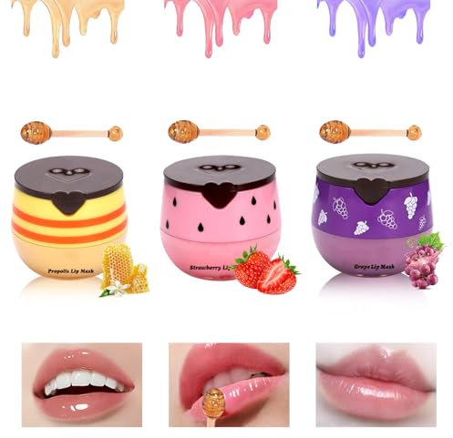FunnAura 3 Pcs Honey Lip Bee Balm UK Lips Pot with Stick, Moisturizing (Honey, Strawberry, Grapes)