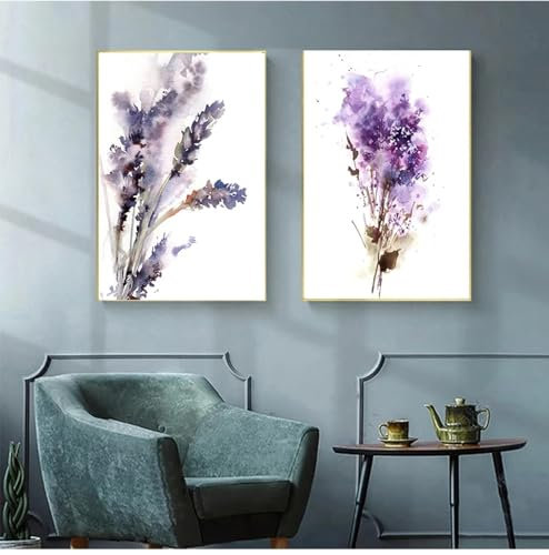 RDRDtbtr Abstrakte botanische Wand Bilder Poster und Kunstdrucke lila Lavendel und Flieder Kunstdrucke Blumen Leinwandgemälde Bild Schlafzimmer Zimmer Heimdekoration 40 x 60 cm x 2 ungerahmt