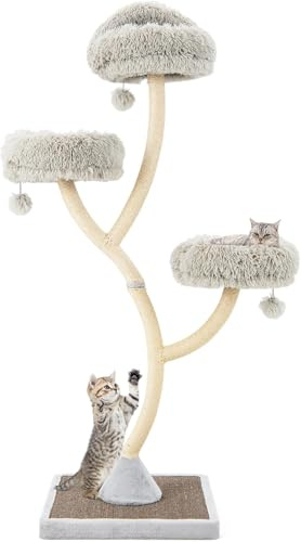 FANTASK Árbol rascador de Madera de 178 cm con 3 Superficies cálidas, Color Gris con Bolas de Peluche y Troncos de sisal, Muebles para Gatos, Torre para Gatos con Estructura de Metal