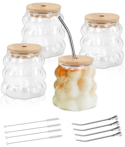 FOGAWA 4PACK Glass Coffee Mugs 350ML Latte Glasses Coffee Glasses Iced Coffee Cup with Bamboo Lid Glass Cups Grape Shape Drinking Glasses with Straw Spoon for Cappuccino Milk Juice Tea Beer