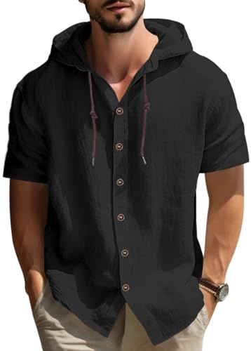MEDUOLA Herren Kurze Ärmel dünn mit Taste T-Shirt Leinen Shirts mit Kapuze Knopfleiste
