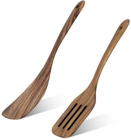 Gosknor 2 Piezas Espátula de Madera Cocina, Sólida y Ranurada Juego de Espátulas con Mango Largo Utensilios Cocina Madera para Freír Hornear Mezclar Servir