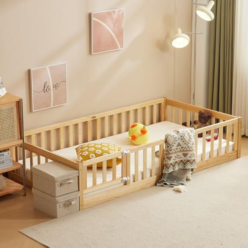 LALAHO 2-in-1 Bodenbett Montessori-Kinderbett mit freiem Türrahmen, Herausfallschutz & Lattenrost, Gitterbett – Kinder-Jugendbett Einzelbett, Naturholz 90×190 – bis zu 300 kg Tragfähigkeit, umbaubar