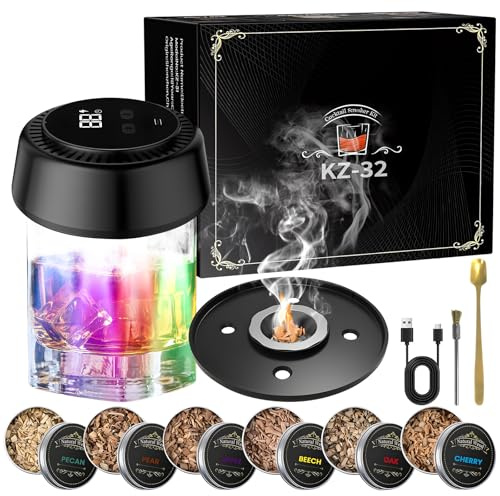 Bindokun Electric Whiskey Smoker Set, Cocktail Smoker Kit with LED Lighting, Old-Fashioned Whiskey Smoking Set with 6 Wooden Chips, USB-C Rechargeable Cocktail Accessories for Whiskey and Bourbon