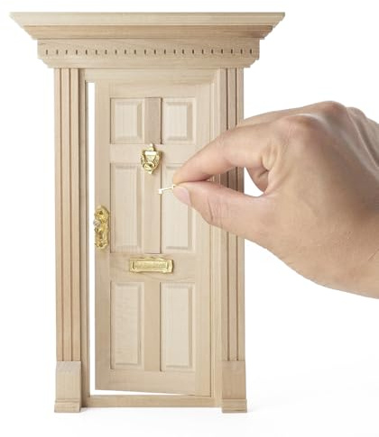 Odoria Dollhouse Front Door Miniature: 1/12 Scale Fairy Garden Panel Doors Vintage Trims for Elf Outdoor - Mini Golden Knocker Lock Mail Slot Set - Tiny Unfinished Furniture Wood, Inswing