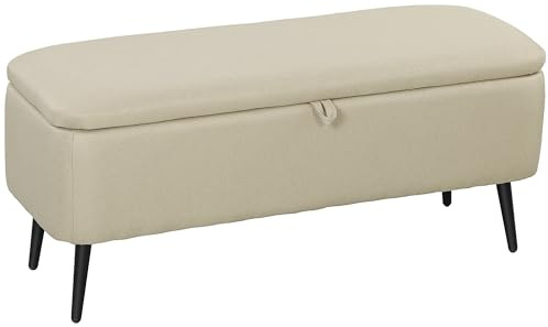 HOMCOM Puff Banc de Rangement avec Couvercle Rabattable et Pieds en Acier tapissé en Lin pour Chambre à Coucher Salon entrée Charge 150 kg 101x38,5x44,5 cm Beige