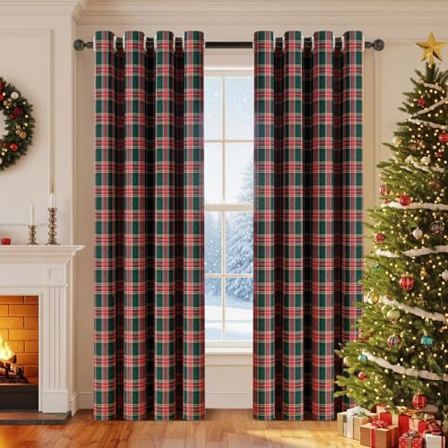 PLODAXE Weihnachtsvorhänge Kariert mit Ösen, 2er Set H213xB132cm Weihnachten Gardinen Karomuster, Blickdicht, Leichte Weihnachts Vorhang für Schlafzimmer Wohnzimmer Fenster (Rot und Grün)