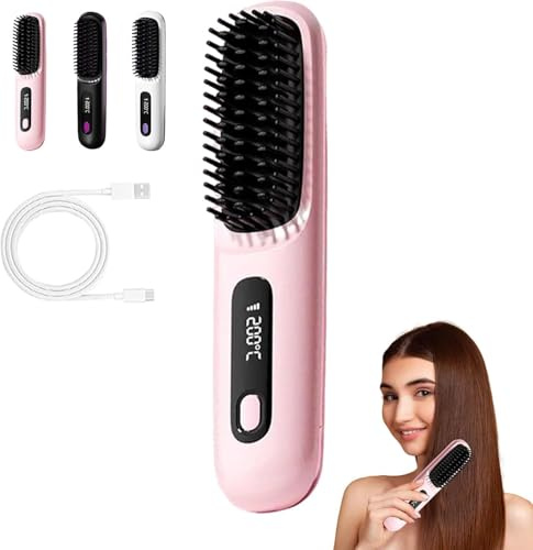 Glow Wave Heated Brush,Glow Wave Heated Brush for Short Hair,USB Charging,3 Heat Settings & LED Screen, for Travel and Frizz-Free Styling (Pink)