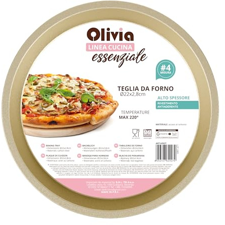 Teglia da Forno Tonda Ø22 cm x H 2,8 cm – Acciaio al Carbonio con Rivestimento Antiaderente, Bordo Rinforzato