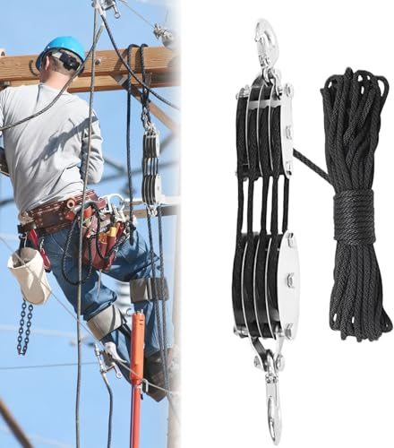 Flaschenzug Schwerlast, 2000 kg Max. 8:1 Hubkraft, 270° Drehbar, Schwerlast Seilzug mit 20m Nylon Seil und Haken, Arbeitssparender Flaschenzug für Jagd Garagen Lagerhallen Bau Lager (Schwarz)