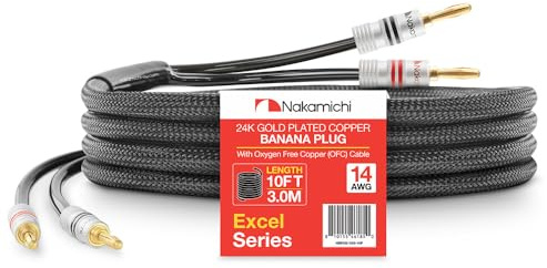 Nakamichi 24K vergoldeter Bananenstecker mit (10 Fuß) Lautsprecherkabel, 99,9% sauerstofffreies Kupfer (OFC), robustes geflochtenes Kabel, Heimkino-Verstärker - Schwarz (14AWG / 10 Fuß / 3,0 Meter)
