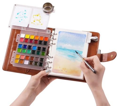 Fuumuui Travel Watercolour Paint Set 36 Colors | PU Leather Watercolour Sketchbook Set, 20 Sheets Cotton Watercolour Paper, Dual-Tip Travel Brush, Metal Clip for Artists Painters Students
