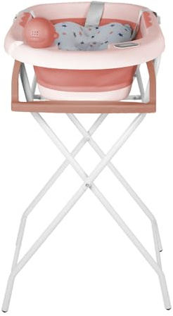 Faltbare Babybadewanne auf Fuß, große faltbare Badewanne mit Ständer, Thermometer, Badematte und Abfluss-Set (Rosa, 55 x 40 x 90 cm)