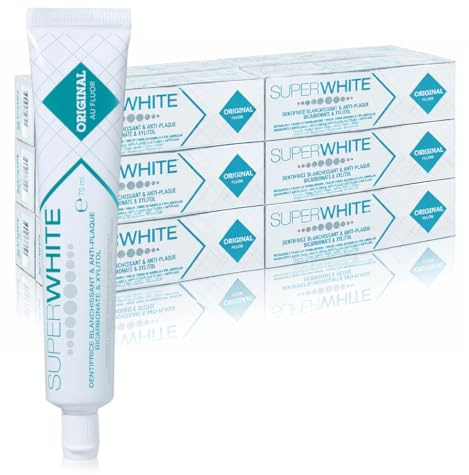 SUPERWHITE Aufhellende Zahnpasta Original – Bicarbonat & Xylitol – Anti-Plaque – Mentholfrisch – 12er Vorteilspack 12x75ml