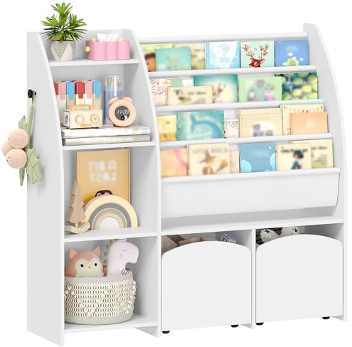 Hzuaneri 105cm libreria per bambini con Porta Riviste, 2 Colonne e 4 Ripiani, Scaffale portagiochi bambini, Contenitore con Cesto Integrato, 30 x 105 x 100 cm, Bianco KB12003W