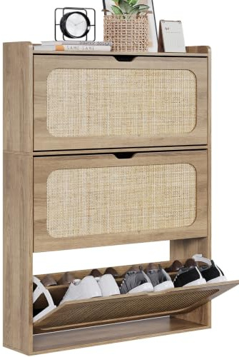 ELUCHANG Schuhschrank Schmal mit 3 Klappen / 6 Ablagen, Platzsparender Geschlossen Schuhregal Schuhkipper mit Verstellbar Schuhkommode, Shoe Cabinet Flurschrank für Diele/Flur/Garderobe, 80x24x122cm
