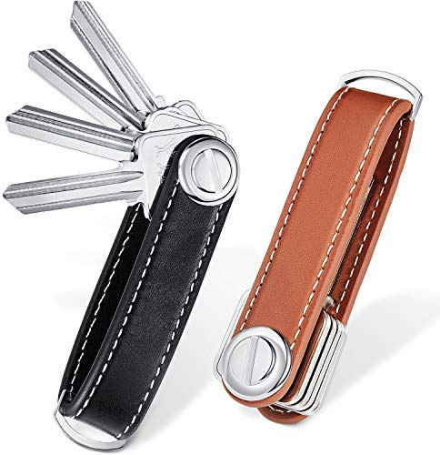 2 Sets Leather Key Organizer Compact Folding Pocket Key Holder up to 16 for Mens Father's Day Gift(Black, Brown)