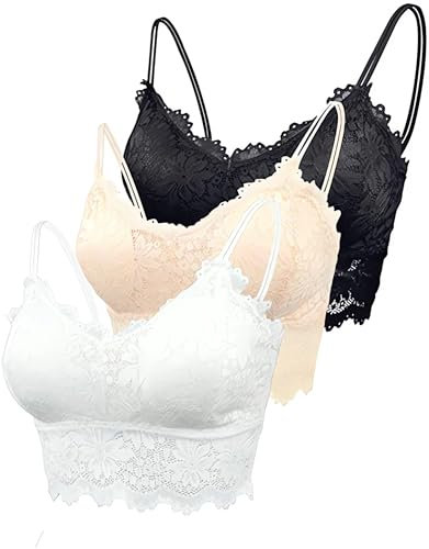 Leezepro Damen BH 3er Pack Ohne Bügel Push up Crop Top Sexy Bustier Spitze BH Set Sport BH für Alltag Yoga Fitness(Schwarz-Weiß-Haut,L)