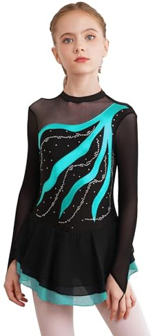 iEFiEL Mädchen Eiskunstlauf Kleid Langarm Glitzer Ballettkleid Swing Kleid Schaukel Tanzkleid Turnanzug Kinder Tanzkostüme Za Grün 152
