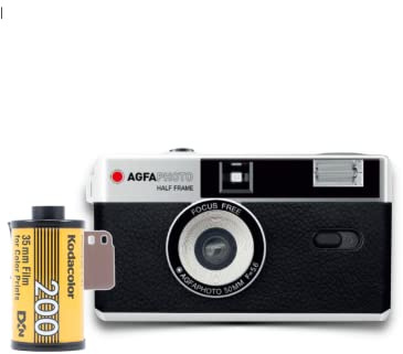 AgfaPhoto - Fotocamera analogica da 35 mm, formato 1/2, colore nero, con pellicola negativa e batteria