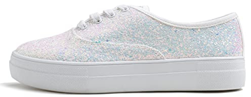 Feversole Glitter Sneaker, Sneaker Damen Schuhe Sportschuhe Tennis Fitness Leichte Atmungsaktiv Straßenlaufschuhe Schlüpfen Schuhe Freizeitschuhe für Damen Weiß Glitzer Sneaker 39