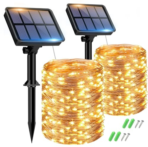 btfarm 2 Pack Solar String Lights Outdoor Garden, 15M/50FT 150 LED | Waterproof Copper Wire, 8 Modes Solar Powered Fairy Light for Patio Yard Party Wedding Christmas Decoration, Warm White