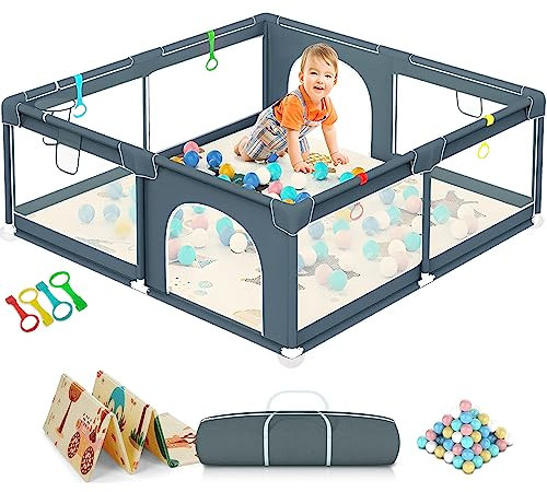 Laufstall Baby mit Matratze 180x150 cm, Laufgitter Baby mit 50 Bällebad, 4x Griffe, Reißverschlusstür, Korbnetz und atmungsaktivem Netz, Extra großer Kinder Laufstall mit Aufbewahrungstasche