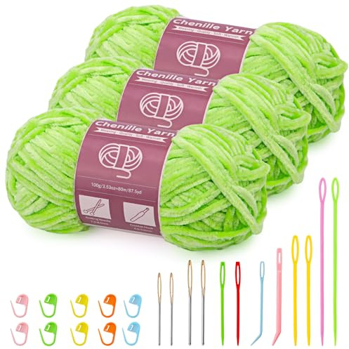 Benlay 3X100g(3 X 80 m) Chenille Wolle, Wolle Zum Häkeln Stricken | Chenille Samt Garn mit Nadeln großem Öhr zum Stricken und Häkeln, Kleidung, Decken, Taschen, Pullover (Gras-Grün)