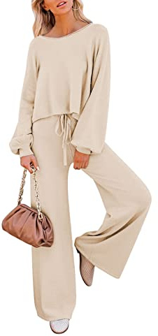 Sovoyontee Damen Langarm Kurz Top Sweatsuit Loungewear Weitem Hose Strick Pullover Trainingsanzug 2-Teiliges Set Beige XL