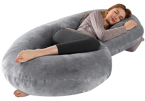 CALIYO Schwangerschaftskissen C-Form, Seitenschläferkissen mit Bezug, Stillkissen groß, Pregnancy Pillow und Komfortkissen für Erwachsene – Polsterung aus Baumwolle (Grau, Kristallvelour)