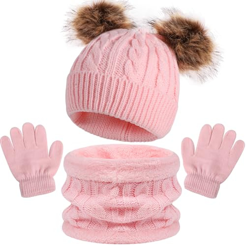 Lanjue Kids Winter Hat Scarf Gloves Set,Warm Soft Thick Warm Fleece Lining Hat Beanie Sets for Girls Boys Children Aged 3-8