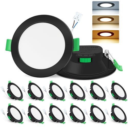 ALUSSO LED Einbaustrahler 230V 7W 3CCT Dimmbar 68mm Spots, Schwarz 12er Set | 3000K/4000K/6500K Verstellbar Einbauspots, Ultra Flach IP44 Einbauleuchten Für Zimmer, Badezimmer, Küche, Büro, Dachvorsprung