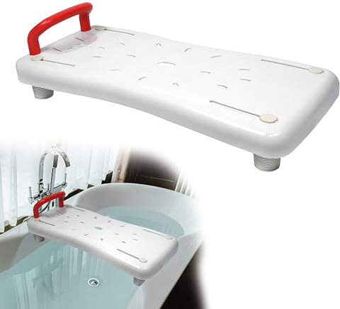 Suusolny Sedile per vasca da bagno per anziani, 70 x 31 cm, regolabile, 41 – 63 cm, per vasca da bagno, per doccia, portasapone e manico ergonomico fino a 150 kg, manico rosso